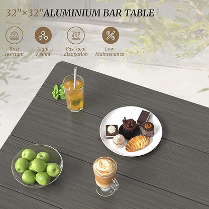 Outdoor Bar Table, 32" Square Patio Bar Height Counter Pub Table, Waterproof Aluminum Top, Weather Resistant, Balcony, Yard, Indoor or Outdoor Use, Slate Gray
