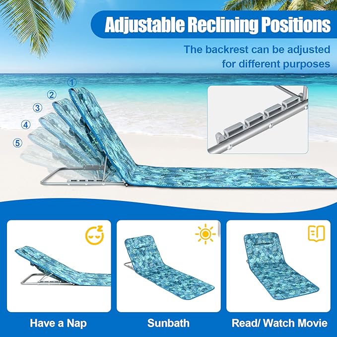 COSTWAY 3-Piece Beach Lounge Chairs, Outdoor Lounger with Side Table, 5 Reclining Positions - Photo 6