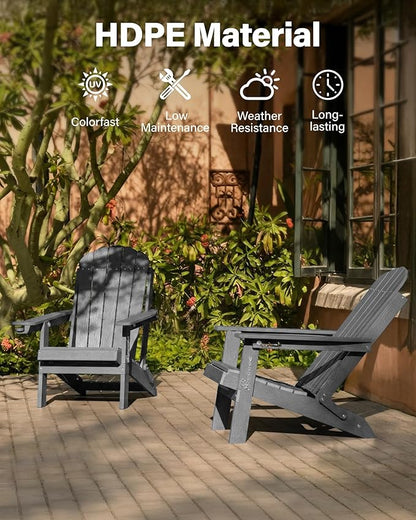 YEFU Adirondack Chairs Set of 2 for Outdoor: Folding Plastic Fire Pit Chair with Cup Holders & Adjustable Backrest - Sturdy All-Weather HDPE for Patio Lawn - Easy Assembly(Grey)