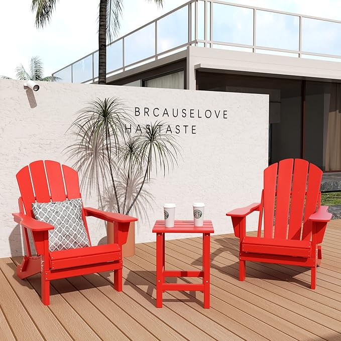 WO WESTIN OUTDOOR HDPE Laguna 3PC Outdoor Poly Adirondack Chair Set with Side Table, Red