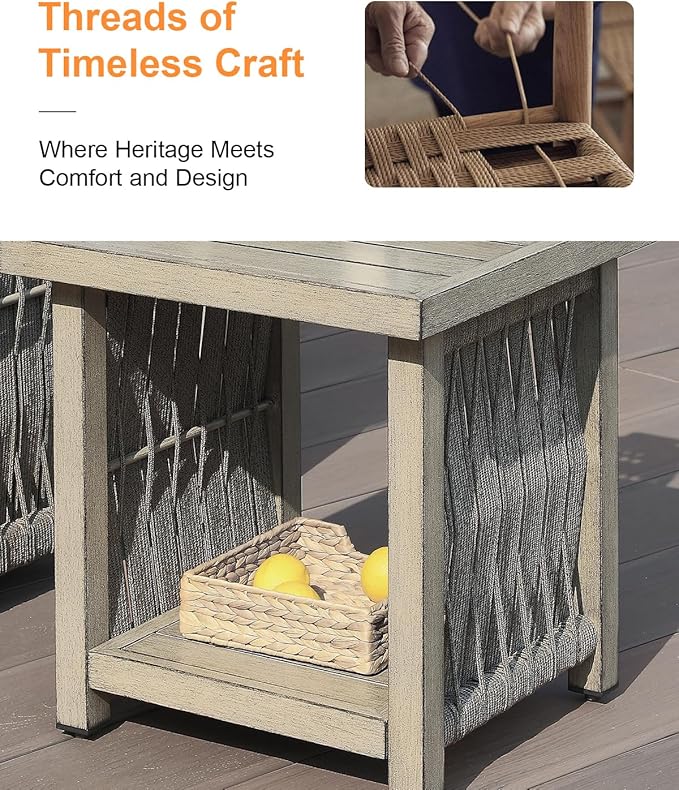 Outdoor Side Table, Aluminum Square Patio Side Table, 2-Tier Rope Weave Outdoor End Table with Adjustable Legs - Photo 5