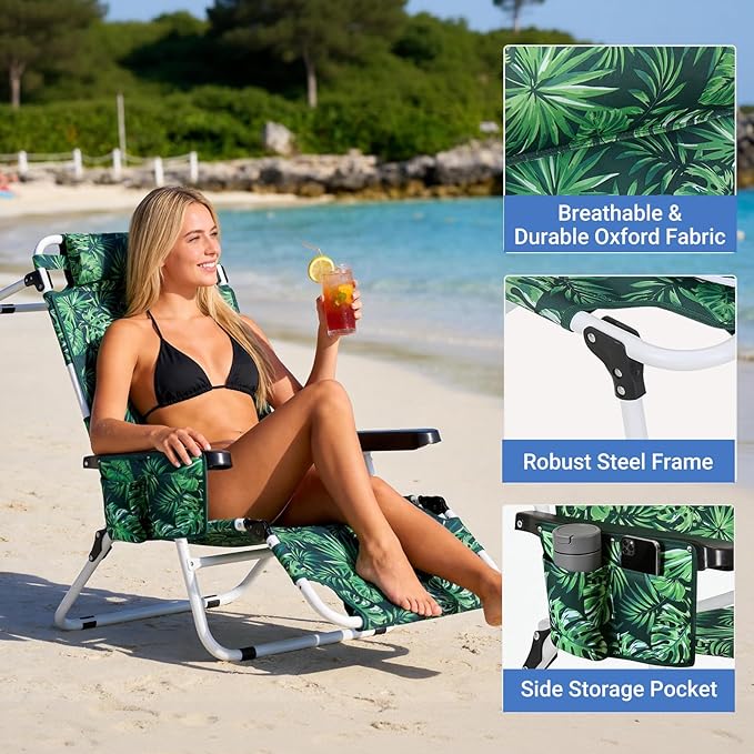 DoCred Heavy Duty Tanning Chair with Face Hole, Adjustable 5-Position Folding Chaise Lounge Chairs for Outside, Portable Lay Flat Beach Lounge Chair for Outdoor Sunbathing Beach Pool Lawn Camping