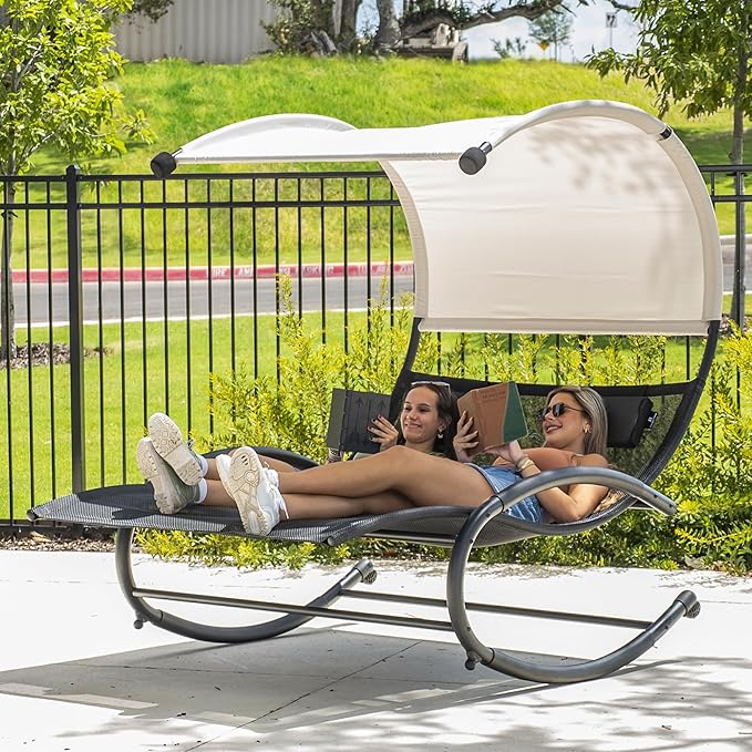 Double Chaise Lounge, Outdoor Bed Lounger with Sun Shade & Wheels - Photo 2