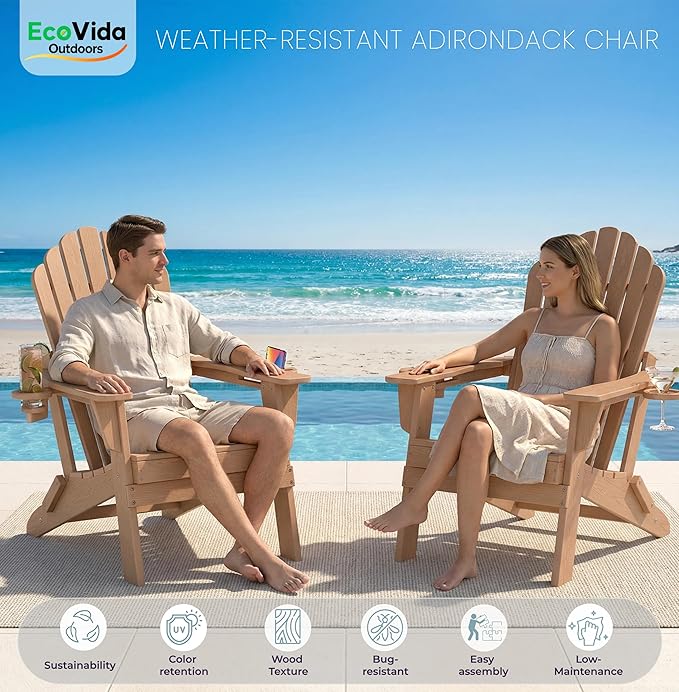 Oversized Adirondack Chair with Dual Cup Holders, Ergonomic High Back HDPE Fire Pit Chair, 380lbs Capacity All-Weather Outdoor Patio Lounge Chair for Garden, Deck, Yard - Cedar