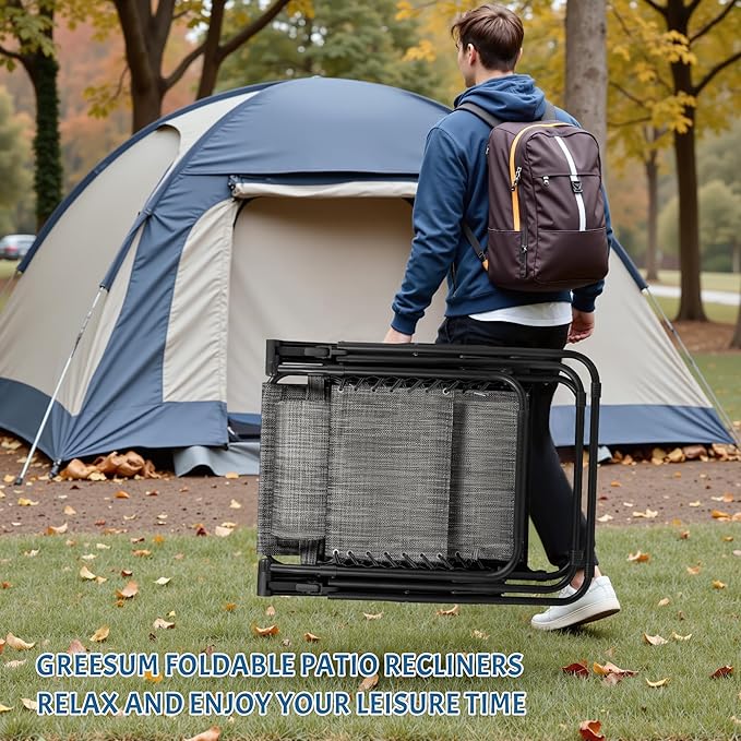 Greesum Zero Gravity Chairs Set of 2 Adjustable Steel Mesh Recliners Beach Deck Lawn Camping Patio Foldable Lounge Chair with Cup Holder Trays and Pillows,Double-Gray