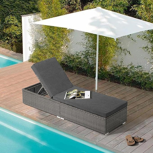 JOIVI Outdoor Chaise Lounge Chair, Patio Pool Lounge Chairs for Outside, Rattan Reclining Chaise Lounger with Adjustable Backrest and Removable Dark Gray Cushion, Gray PE Wicker