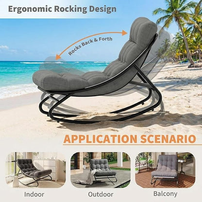 GarveeHome Wicker Rocking Chair, Papasan Egg Rocker with Iron Frame & Thick Cushion, Adjustable Rocking Range & Fixed Rope, 450 lbs Capacity Indoor/Outdoor for Porch, Garden, Grey