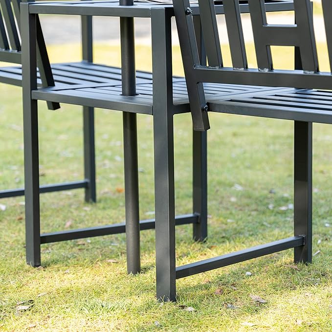 Outsunny Metal Garden Bench with Middle Table and Umbrella Hole, 2-in-1 Double Patio Chairs, Outdoor 2-Person Tete-a-Tete, Slatted, Black