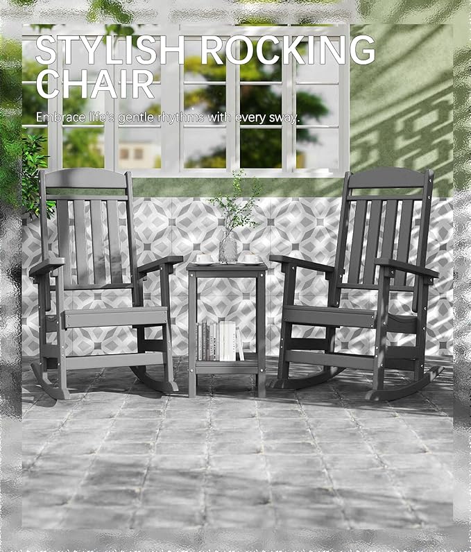 FOOWIN Outdoor Rocking Chair Set of 4, High Back Patio Rocking Chair, HDPE All Weather Resistant Porch Rocker for Adult, Oversized Rocking Chairs for Garden, Lawn, Indoor & Outdoor Use, Grey