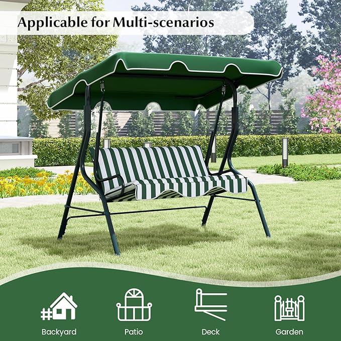 RELAX4LIFE 3-Person Porch Swing Chair - Outdoor Swing w/Adjustable Canopy, Removable Cushion & Metal Frame Stand - Photo 9