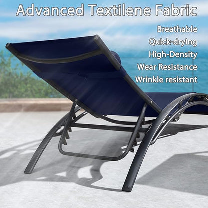 PURPLE LEAF Patio Chaise Lounge with 10' x 6.5' Tilt Umbrella Outdoor Lounge Chair Beach Pool Sunbathing Lawn Lounger, Base and Side Table Included, Navy Blue
