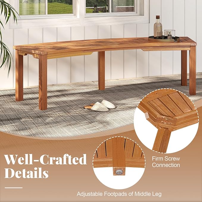 Tangkula Outdoor Curved Bench, Acacia Wood Fire Pit Bench w/Slatted Seat, Patio Backless 2-Person Seating for Porch, Yard, Garden, 800 LBS Max Load, Oil Painted (2, 58")