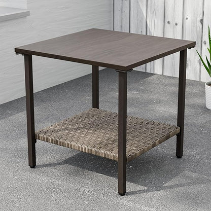 Vista Oasis Outdoor Steel Patio Table, Patio Side Table with Lower Storage, Outdoor Furniture for Balcony, Porch and Garden, Wood Grain Top
