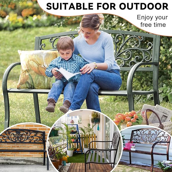 Park Bench, 4 Feet Rust-Proof Cast Iron Park Bench, Hold 485 lbs Heavy-Duty Metal Outdoor Furniture Bench Seat, with Backrest Armrests Sturdy Steel Frame Front Porch Bench for Yard Porch
