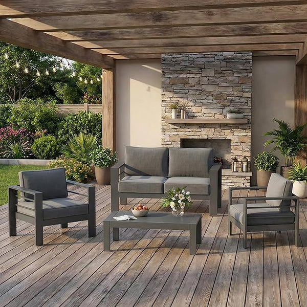 Solaste Aluminum Outdoor Patio Furniture Set, 4 Seats Patio Sectional Sofa with 5" Thick Cushion - Photo 1