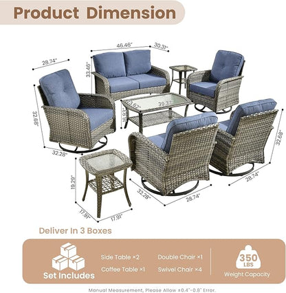 HOOOWOOO Patio Furniture Set,8 Pieces Outdoor Conversation Set,All Weather Wicker Loveseat Sofa Set with High Back Swivel Rocking Chairs Tables,Denim Blue