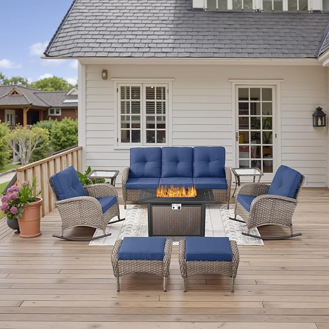 Belord Patio Furniture Set with Fire Pit Table - 8 Piece Outdoor Wicker Furniture Set with 43" 50000 BTU Propane Fire - Photo 1