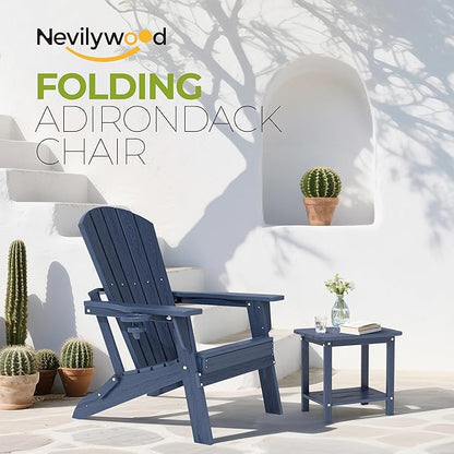 nevilywood HDPE Folding Adirondack Chair Set of 2,Waterproof All-Weather Outdoor Design with Cup Holder,Suitable for Fire Pit, Patio & Beach, Navyblue