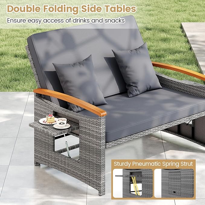 Tangkula Patio Rattan Daybed with 4-Level Adjustable Backrest, Outdoor Wicker Loveseat with Acacia Wood Armrest - Photo 7