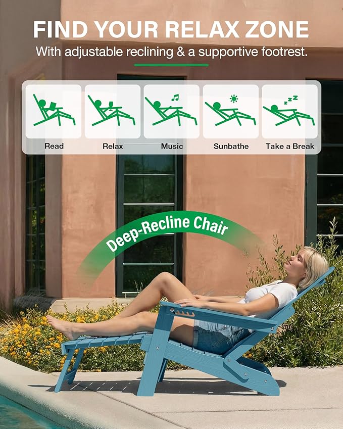 YEFU Adjustable Adirondack Chair with Footrest Set of 4, 5-Level Adjustable Adirondack Chair with Retractable Ottoman& Cup Holder, Folding Adirondacks Chairs Use for Outdoor, Pool, Fire Pit