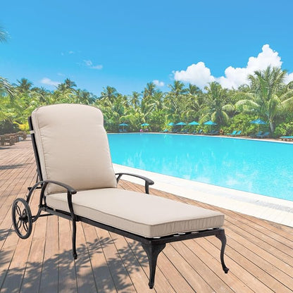 Chaise Lounge Patio Chair with Wheels, Adjustable Reclining Rust-Resistant Aluminum Cast Poolside Chaise Lounge Furniture, Waterproof Beige Cushion (1pc)