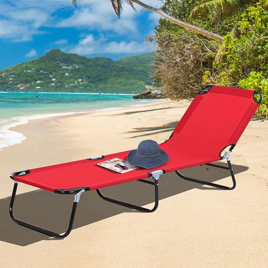 Folding Chaise Lounge Pool Chairs, Outdoor Sun Tanning Chairs with 5-Level Reclining Back, Steel Frame for Beach, Yard, Patio(Red)