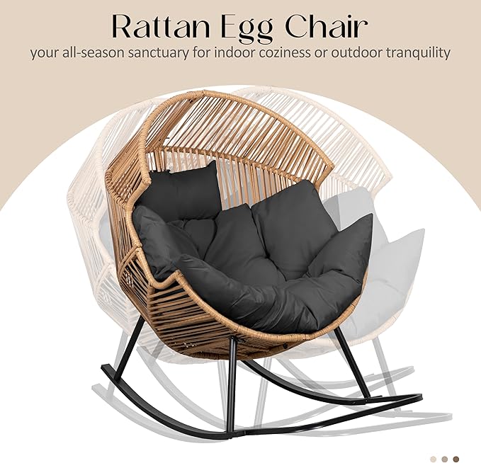 JAMFLY Wicker Egg Chair - Rattan Rocking Chairs with Cushion, Indoor-Outdoor Lounge Egg Basket Seat for Living Room - Photo 5