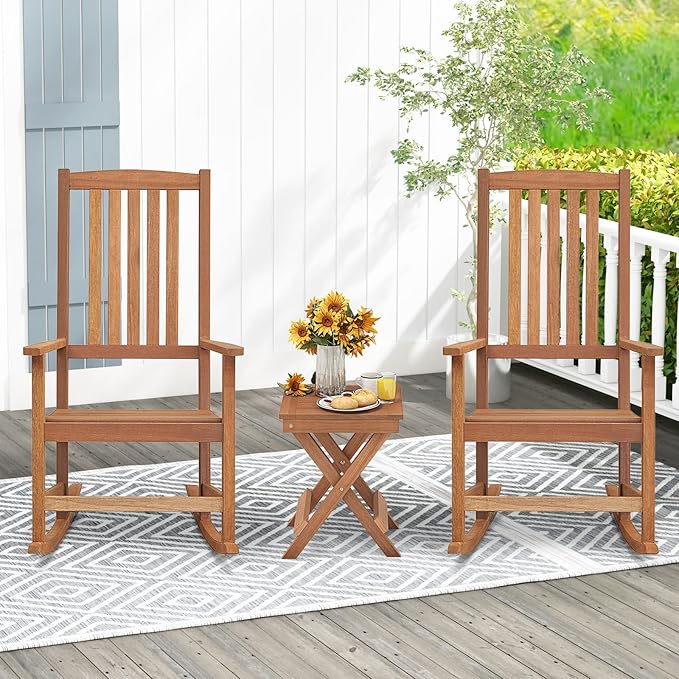 Porch Rocking Chairs Set of 2, Ergonomic High-Back Outdoor Rocker with Armrests, Rocking Base & Slatted Design, Wood Rocking Chair for Patio, Backyard, Lawn, Deck & Poolside
