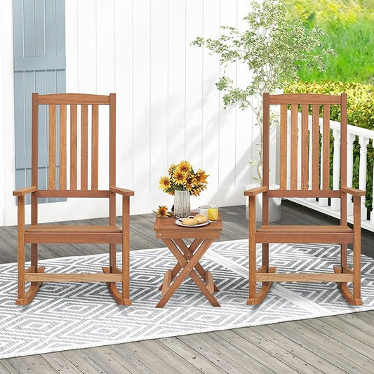 Porch Rocking Chairs Set of 2, Ergonomic High-Back Outdoor Rocker with Armrests, Rocking Base & Slatted Design, Wood Rocking Chair for Patio, Backyard, Lawn, Deck & Poolside