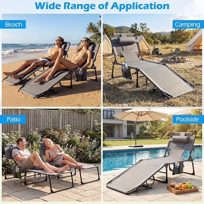 GYMAX Tanning Chair with Face Hole, Sun Bathing Lounge Chairs for Outside with Side Pocket, Folding Portable Face Down Layout Tanning Chair Beach, Backyard, Poolside, Lawn (Grey,1)
