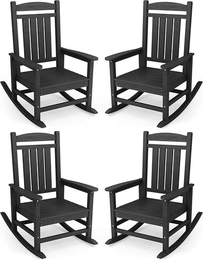 KINGYES HDPE Outdoor Rocking Chair Set of 4, Widened Seat Patio Rocking Chair, Oversized All Weather Patio Rocker, Black