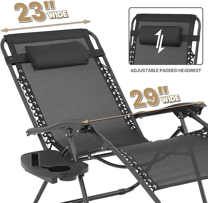 MoNiBloom Oversized Lounge Beach Chairs for Outside, 29" XL Zero Gravity Camping Chairs with Side Table, Pillow and Tray - Photo 6