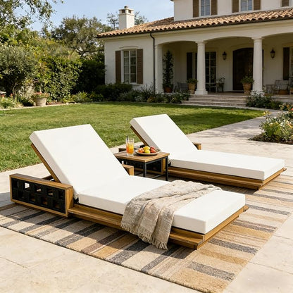 Merax Outdoor Chaise Lounge Set of 2, Acacia Wood Patio Reclining Chairs with 4-Position Adjustable Backrest, 2-Piece Sunbathing Recliner & 4" Thick Double-fold Cushion for Poolside, Garden, Beige