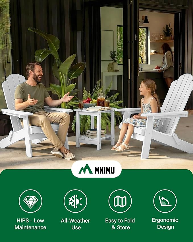 MXIMU Folding Adirondack Chair for Outdoor: Easy to Assemble and Comfortable Adirondack Chairs Set of 8 - All Weather Composite Plastic Chair for Outside Fire Pit Patio Lawn Garden Backyard Use(White)