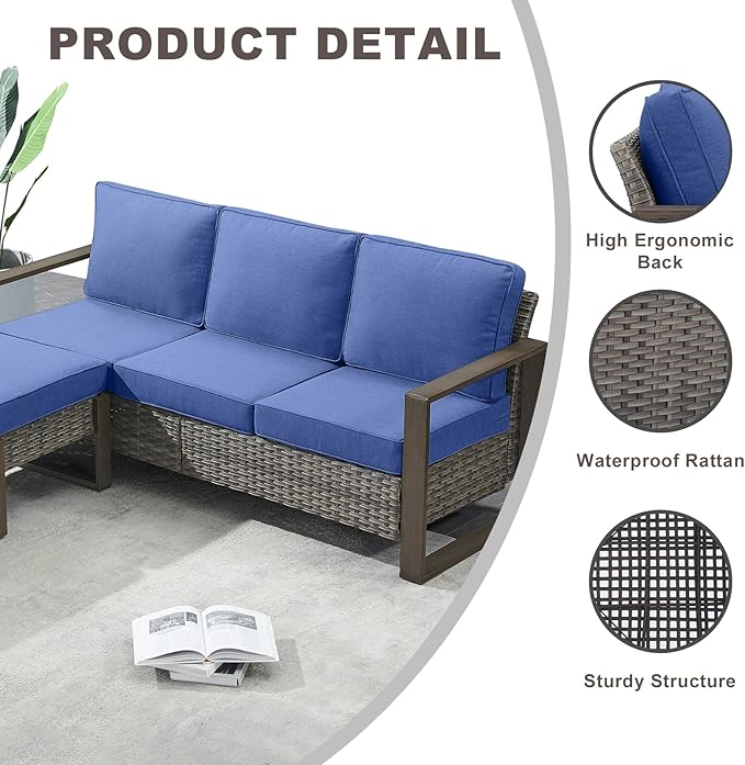 Rilyson Outdoor Wicker Patio Furniture Set - 8 Piece Patio Conversation Set with 4 Wicker Swivel Rocker Chairs,2 Rattan Ottoman 1 Side Table and 1 Couch,Thick Cushions,Deep Seating(Mixed Grey/Blue)