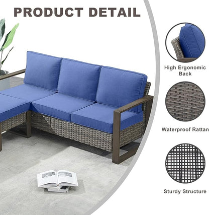 Rilyson Outdoor Wicker Patio Furniture Set - 8 Piece Patio Conversation Set with 4 Wicker Swivel Rocker Chairs,2 Rattan Ottoman 1 Side Table and 1 Couch,Thick Cushions,Deep Seating(Mixed Grey/Blue)