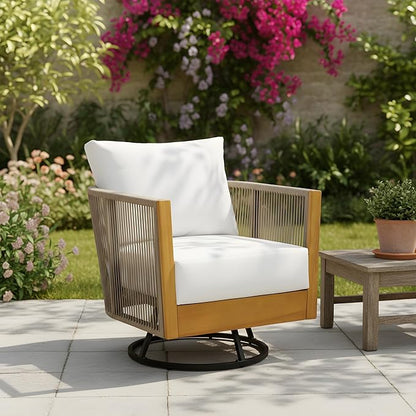 Christopher Knight Home Gunar Outdoor Metal & Acacia Wood Frame Swivel Accent Chair with Cushion, 360° Rotating Lounge Chair Outdoor with Rope Accent, Outdoor Swivel Chair, Natural + Light Beige