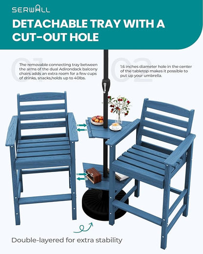 SERWALL Tall Adirondack Chairs Set of 2 with Connecting Table, Blue