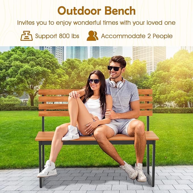 Giantex Outdoor Bench, 43"×22"×33" Acacia Wood Patio Loveseat with Backrest, Heavy Duty Metal Frame, 800 lbs Weight Capacity, 2-Person Garden Bench for Lawn, Porch, Yard and Park