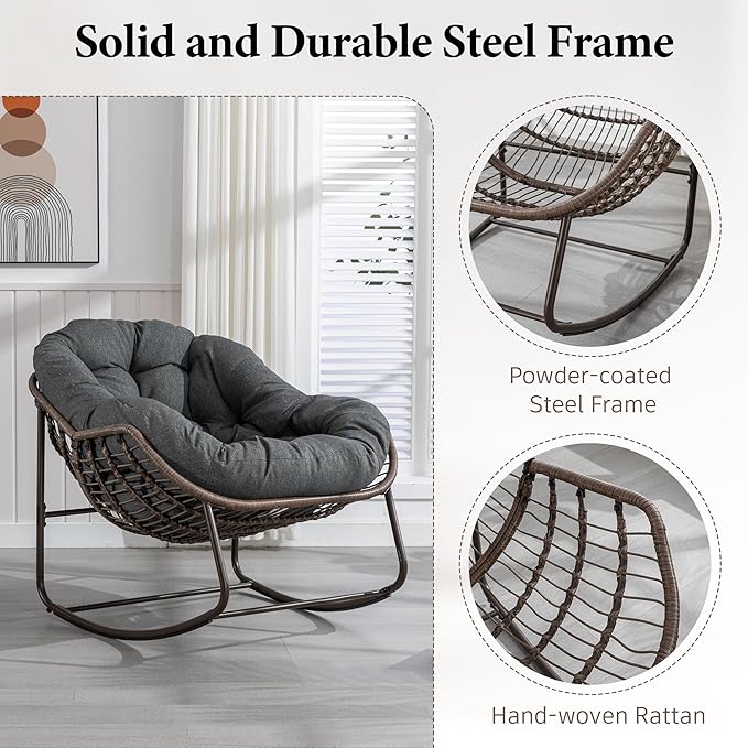 Outdoor Patio Rocking Chair, Oversized Papasan Chair with Cushion and Frame, Comfy Rattan Wicker Egg Chairs Indoor, Modern Lounge Rocker for Front Porch Living Room Bedroom (Dark Grey, Set of 1)