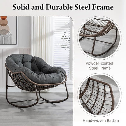 Outdoor Patio Rocking Chair, Oversized Papasan Chair with Cushion and Frame, Comfy Rattan Wicker Egg Chairs Indoor, Modern Lounge Rocker for Front Porch Living Room Bedroom (Dark Grey, Set of 1)