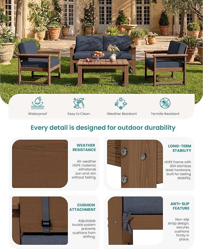 SERWALL HDPE Outdoor Loveseat with Cushions, All Weather Use Outdoor Loveseat Sofa, Brown Frame/Grey Cushion - Photo 2