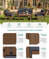 SERWALL HDPE Outdoor Loveseat with Cushions, All Weather Use Outdoor Loveseat Sofa, Brown Frame/Grey Cushion - Photo 2