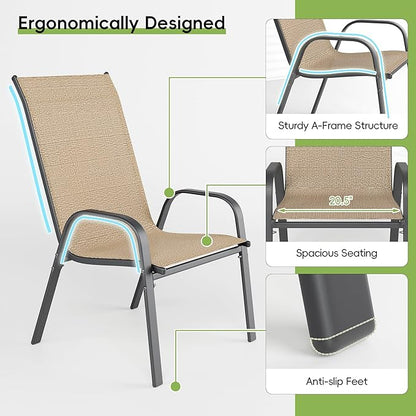 Patio Chairs Set of 2, Outdoor Dining Chairs Stackable for All Weather, Breathable Metal Modern Outside Furniture Chair for Pool Side, Garden, Backyard Deck, Brown
