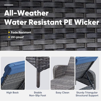 Belord Wicker Outdoor Chaise Lounge Patio Recliner - 75 Inch Adjustable Chaise Lounge with Soft Pillow Removable Cushions, All Weather Rattan Pool Lounge Chair for Poolside Deck - Gray/Blue