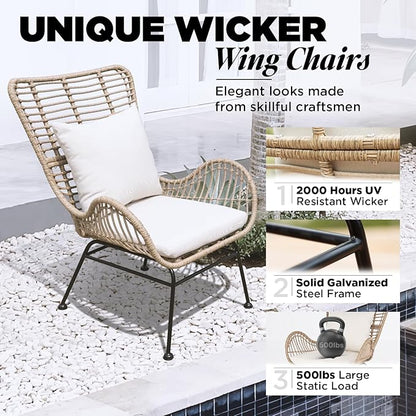 IDZO Isabelle Wicker Chairs Set of 2, 2000 Hours UV Wicker Rattan Chair, 500lbs Capacity Boho Patio Chairs with Thick Olefin Cushions and Pillows for Patio, Indoor Use