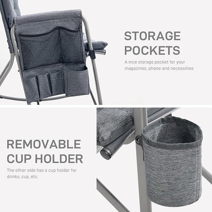 EVER ADVANCED Lightweight Folding Rocking Camping Chair, Padded Portable Rocker Chair for Patio, Lawn and Outdoors, Heavy Duty Hard Armchair for Adults, Grey