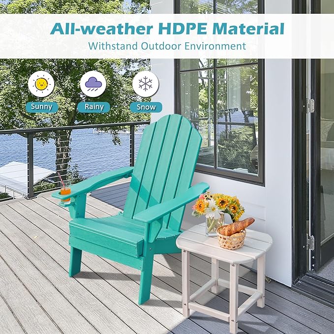 Tangkula Outdoor Folding Adirondack Chair, HDPE Armchairs with Cup Holder, Weather Resistant Lounger Chair for Patio Garden Fire Pit Backyard, Lawn Porch Seating, Adirondack Lounger (1, Turquoise)
