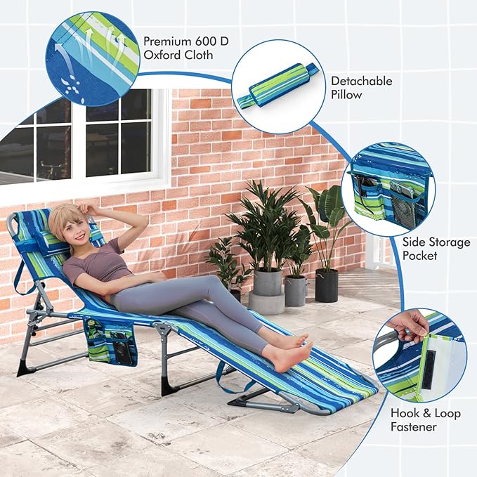 Goplus Tanning Chair, Folding Adjustable Patio Lounge Chair with Face Hole, Removable Pillow, 330LBS, Carry Strap - Photo 8