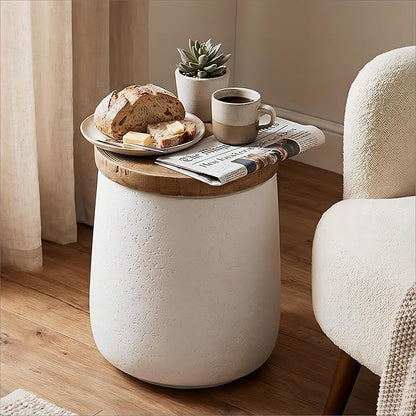 HOMPUS Outdoor Side Table, Concrete End Table Cylinder Shaped w Wood Grain Top, Small Round Outdoor Garden Stand for Patio, White